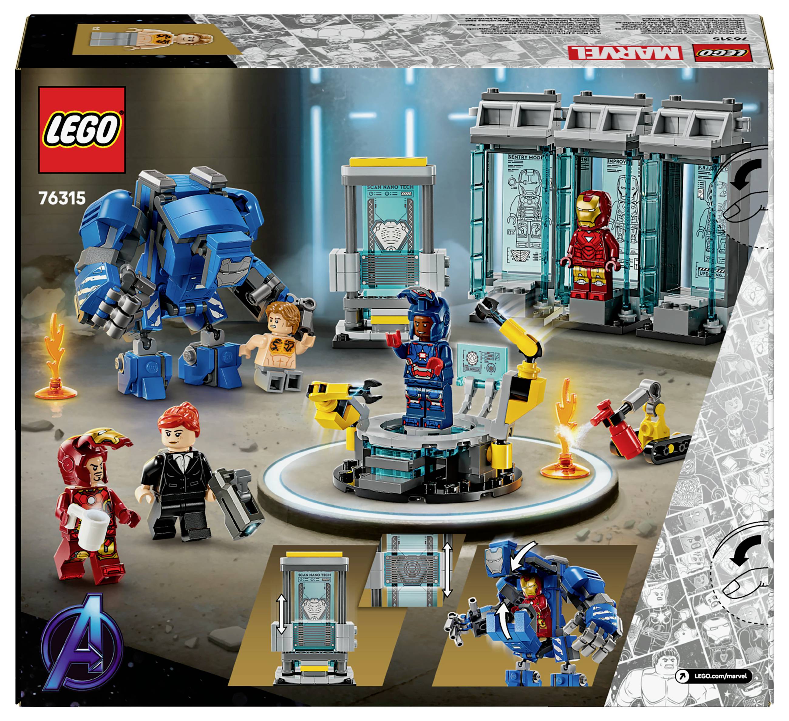 Zestaw LEGO z niebieskimi i czerwonymi robotami, figurkami Iron Mana, sceną laboratoryjną. Zawiera numer opakowania '76315' oraz oznaczenie marki Marvel.