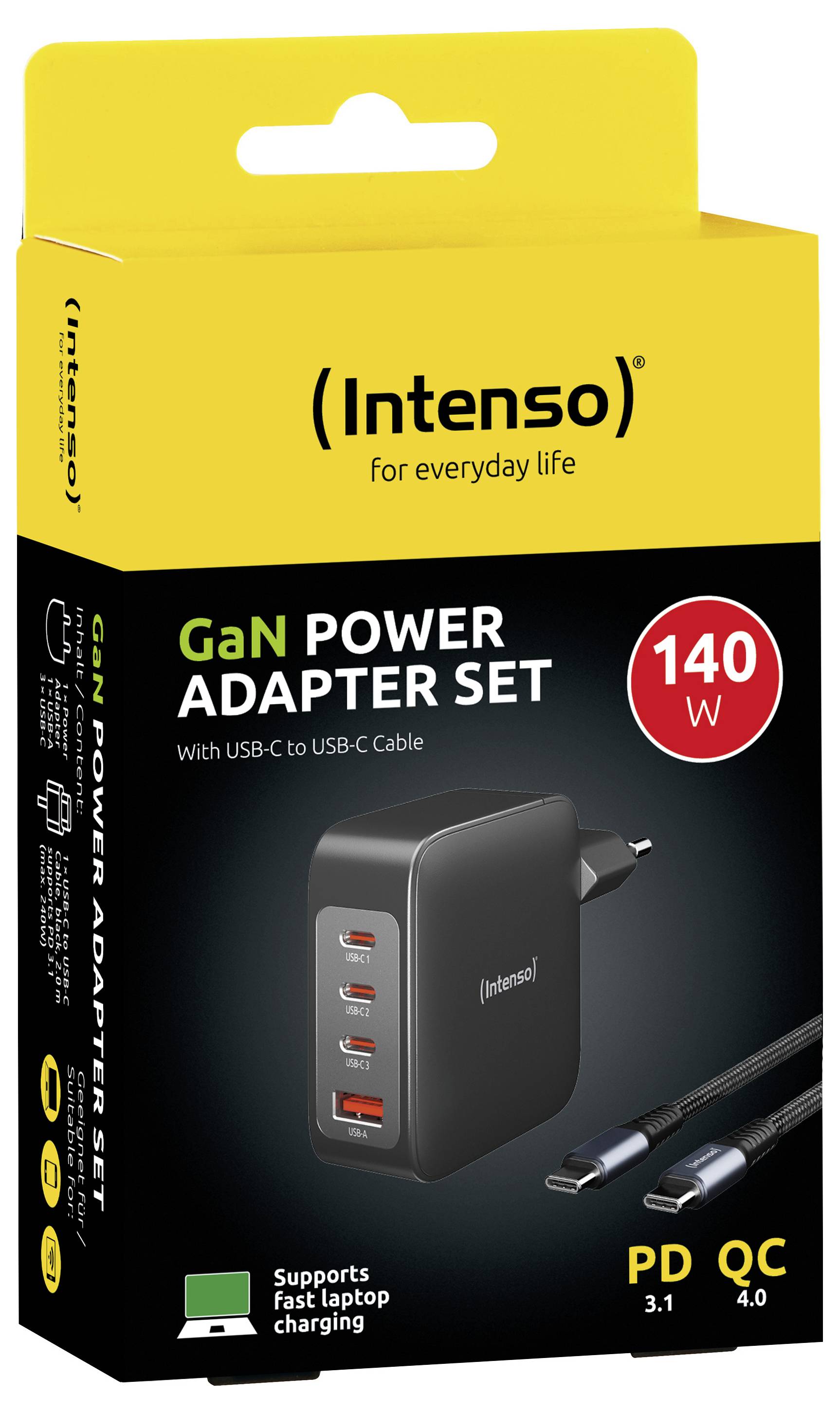 Zestaw Ładowarek Sieciowych Intenso GaN Power Adapter, 140W, cztery porty USB-C, obsługa szybkiego ładowania, w zestawie kabel USB-C.