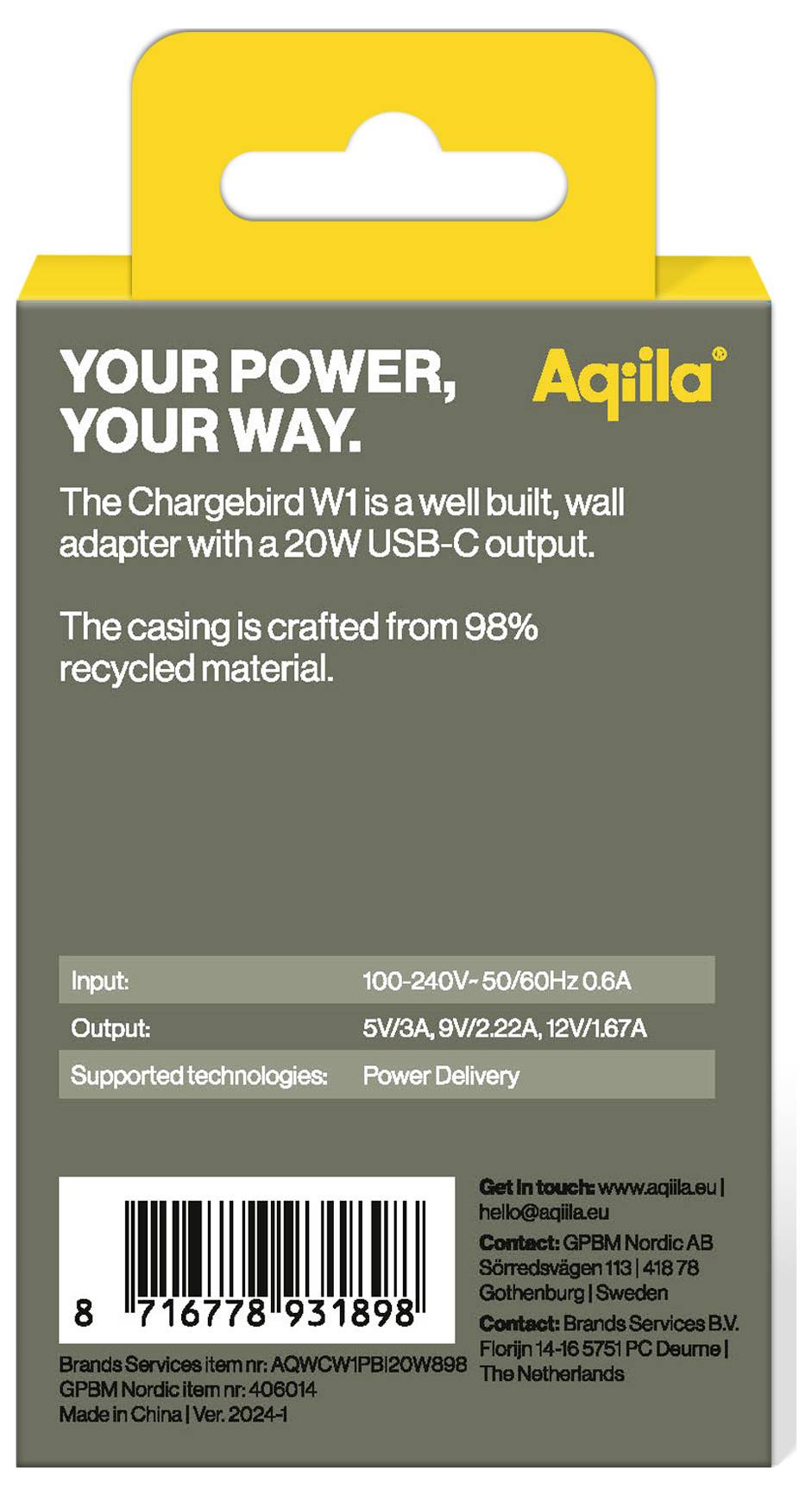 Зарядний пристрій Aqiila W1 USB 20 Вт 1x USB-C® Білий дім