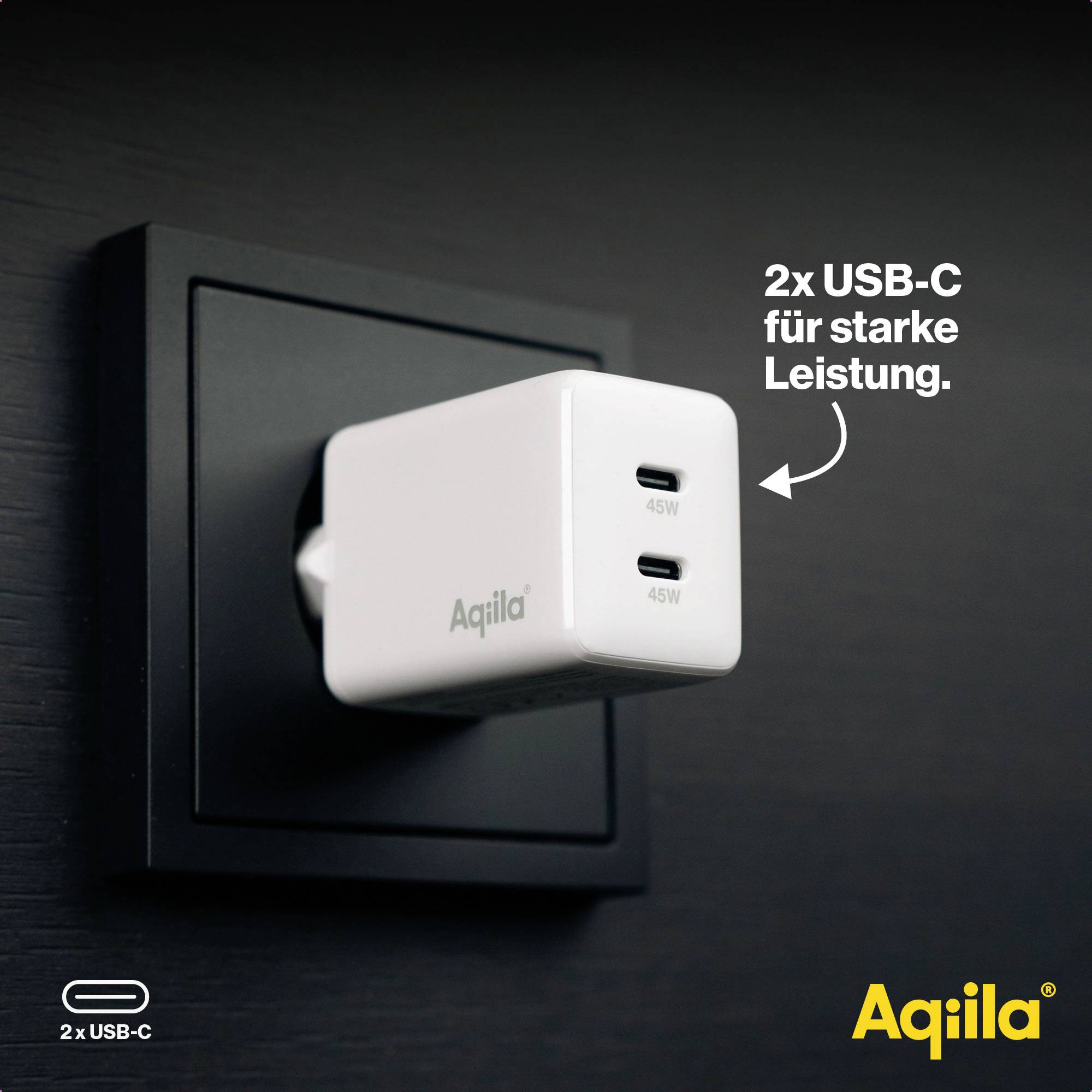 45-watowe ładowanie USB-C od Aqila, podłączone do gniazdka elektrycznego. Tekst: '2x USB-C dla mocnej wydajności'.