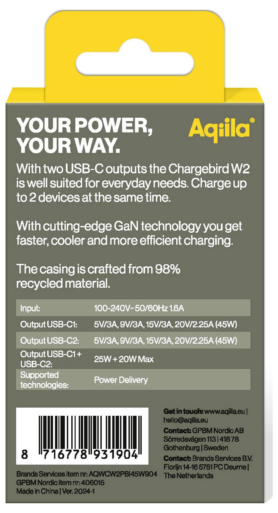 Зарядний пристрій Aqiila W2 USB 45 Вт 2x USB-C® Power Delivery Білий дім