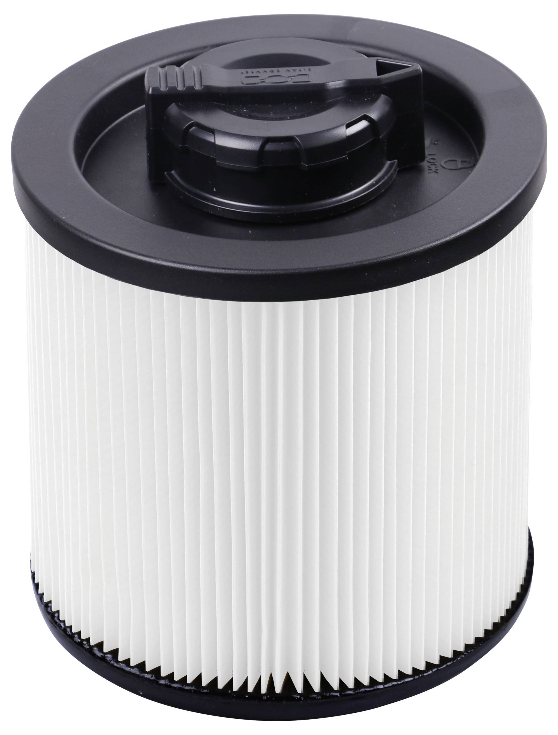 Cylindryczny filtr powietrza z białym materiałem filtracyjnym i czarną górną obudową. Zaprojektowany do stosowania w odkurzaczach.