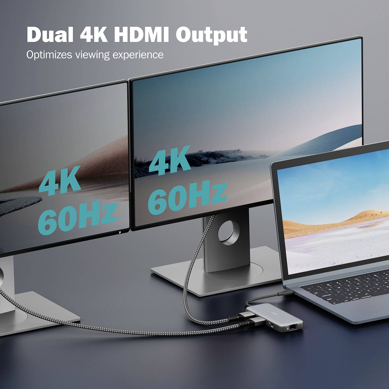 Podwójne wyjście HDMI 4K umożliwia podłączenie dwóch monitorów w rozdzielczości 4K z częstotliwością 60 Hz do jednego laptopa. Poprawia to komfort pracy poprzez rozszerzone możliwości wyświetlania.