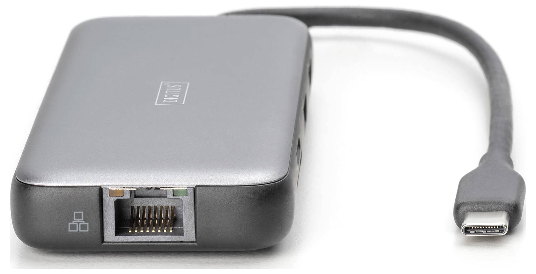 Srebrny hub USB-C z wieloma portami, w tym portem Ethernet.
