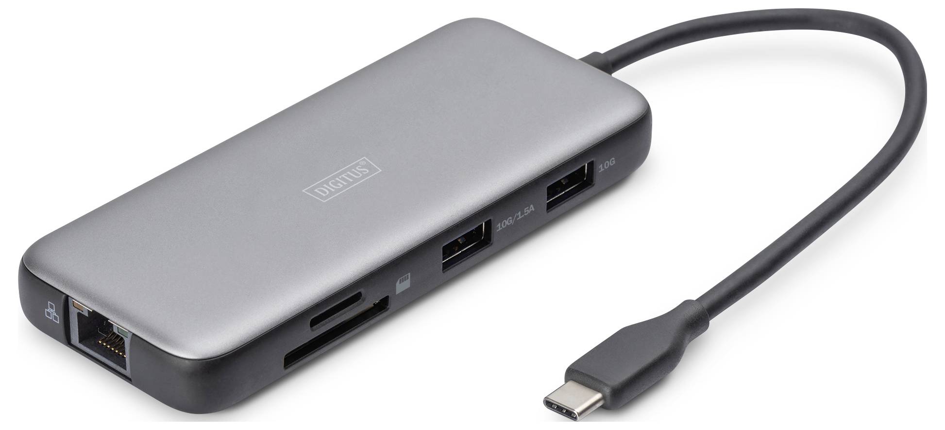 Wieloportowy hub USB-C z portami: Ethernet, USB-A, HDMI oraz czytnikiem kart SD.