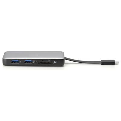 Hub USB-C z dwoma portami USB 3.0, czytnikiem kart SD oraz złączem HDMI. Czarny kabel po prawej stronie.