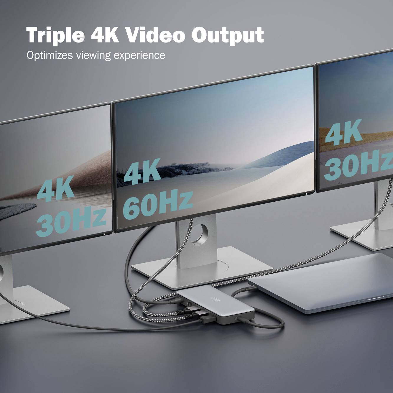 'Trzy monitory o rozdzielczości 4K; jeden wyświetla 60 Hz, dwa wyświetlają 30 Hz. Tekst: "Potrójne wyjście wideo 4K, optymalizuje doświadczenie oglądania."'