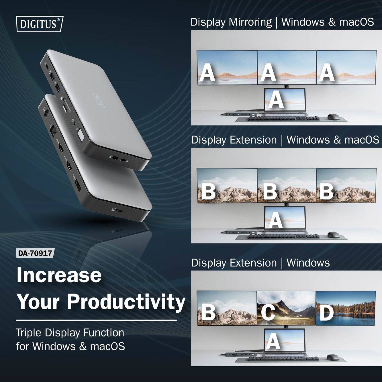 Funkcja Digitus Triple Display dla systemów Windows i macOS umożliwia odzwierciedlanie ekranu oraz rozszerzanie pulpitu na wielu monitorach.