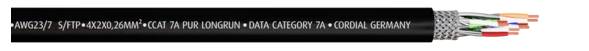 Czarny kabel sieciowy z napisem 'S/FTP - 4x2x AWG23 - CAT.7A PUR Version - DATA CATEGORY 7A - CONRADX GERMANY', widoczne żyły przewodowe.