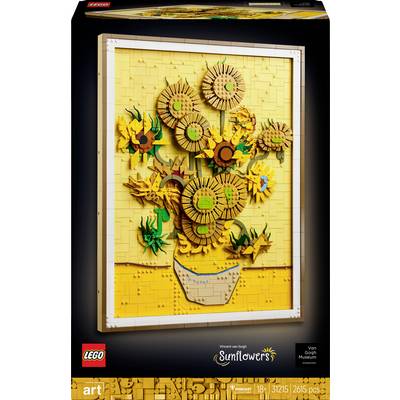'Zestaw LEGO: Słoneczniki Van Gogha, składający się z 2.165 elementów. Ilustracja przedstawia żółte kwiaty w wazonie na żółtym tle.'