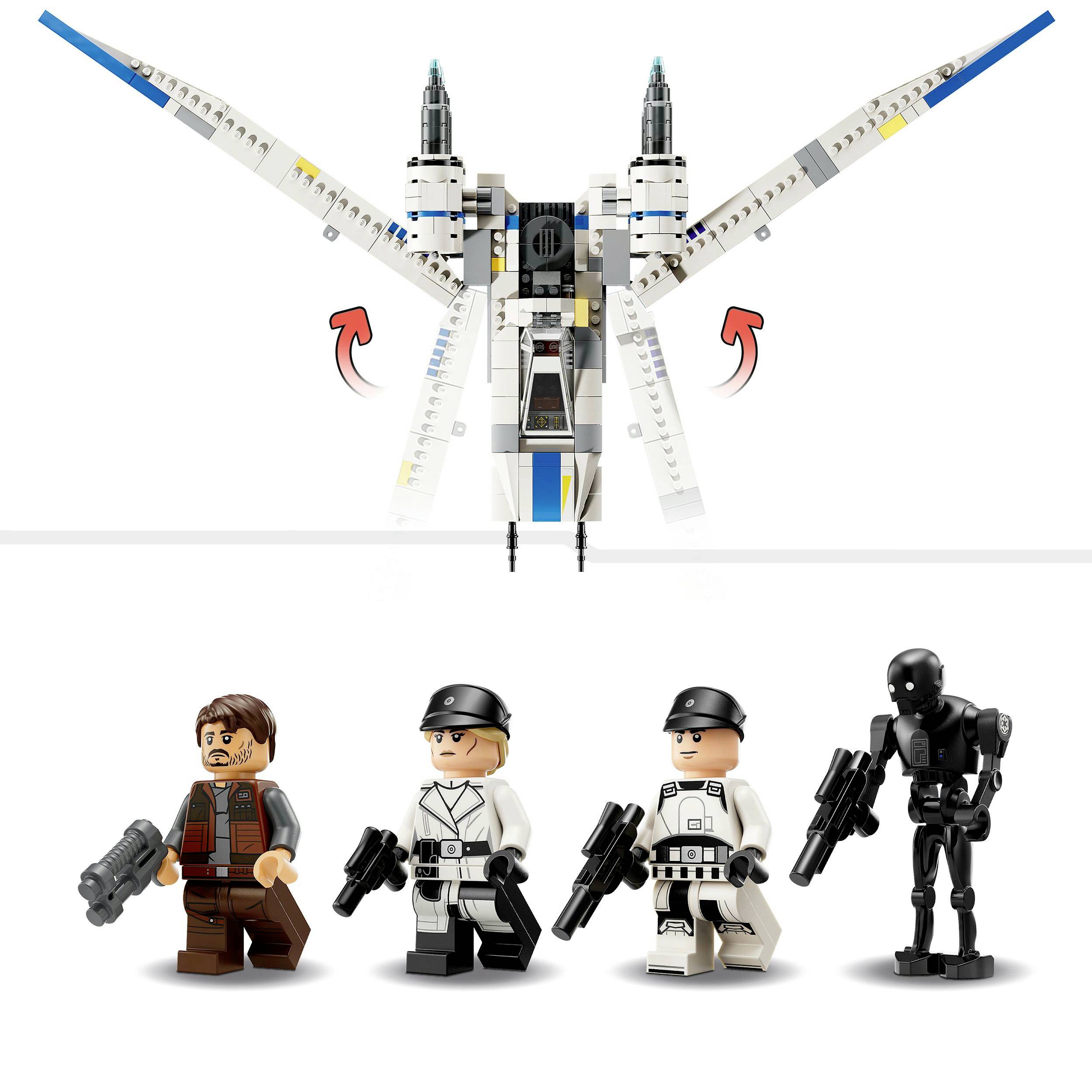 Model myśliwca X-Wing Ruchu Oporu z serii LEGO Star Wars z regulowanymi skrzydłami. Zawiera minifigurki: Poe Damerona, dwóch żołnierzy Pierwszego Orderu oraz droida.