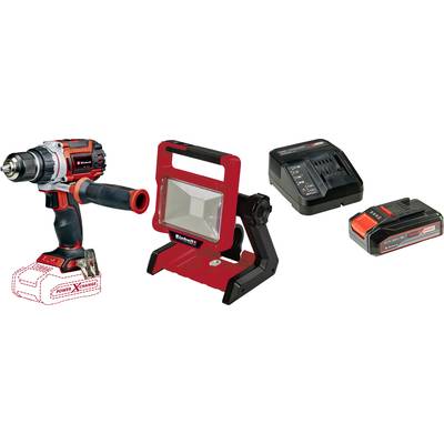 Akumulatorowa wiertarko-wkrętarka, lampa budowlana LED, ładowarka i akumulator w jednym zestawie. Idealna do różnorodnych prac majsterkowiczów.