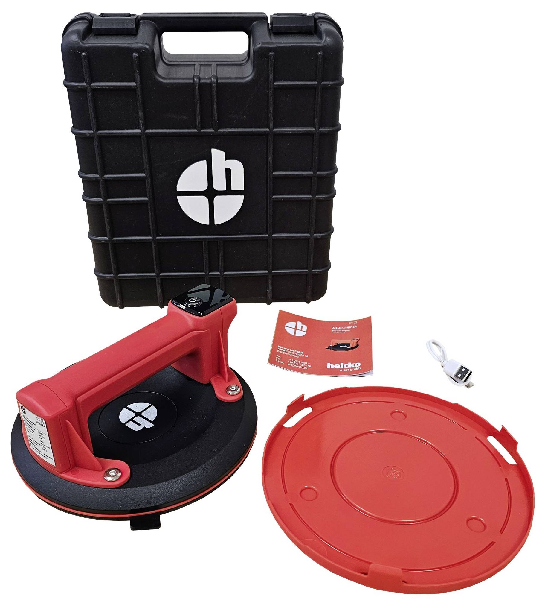 Присоска Heicko PH618A з 1 головкою, вбудованим електричним вакуумним насосом та вакуумметром, у комплекті футляр для зберігання, 