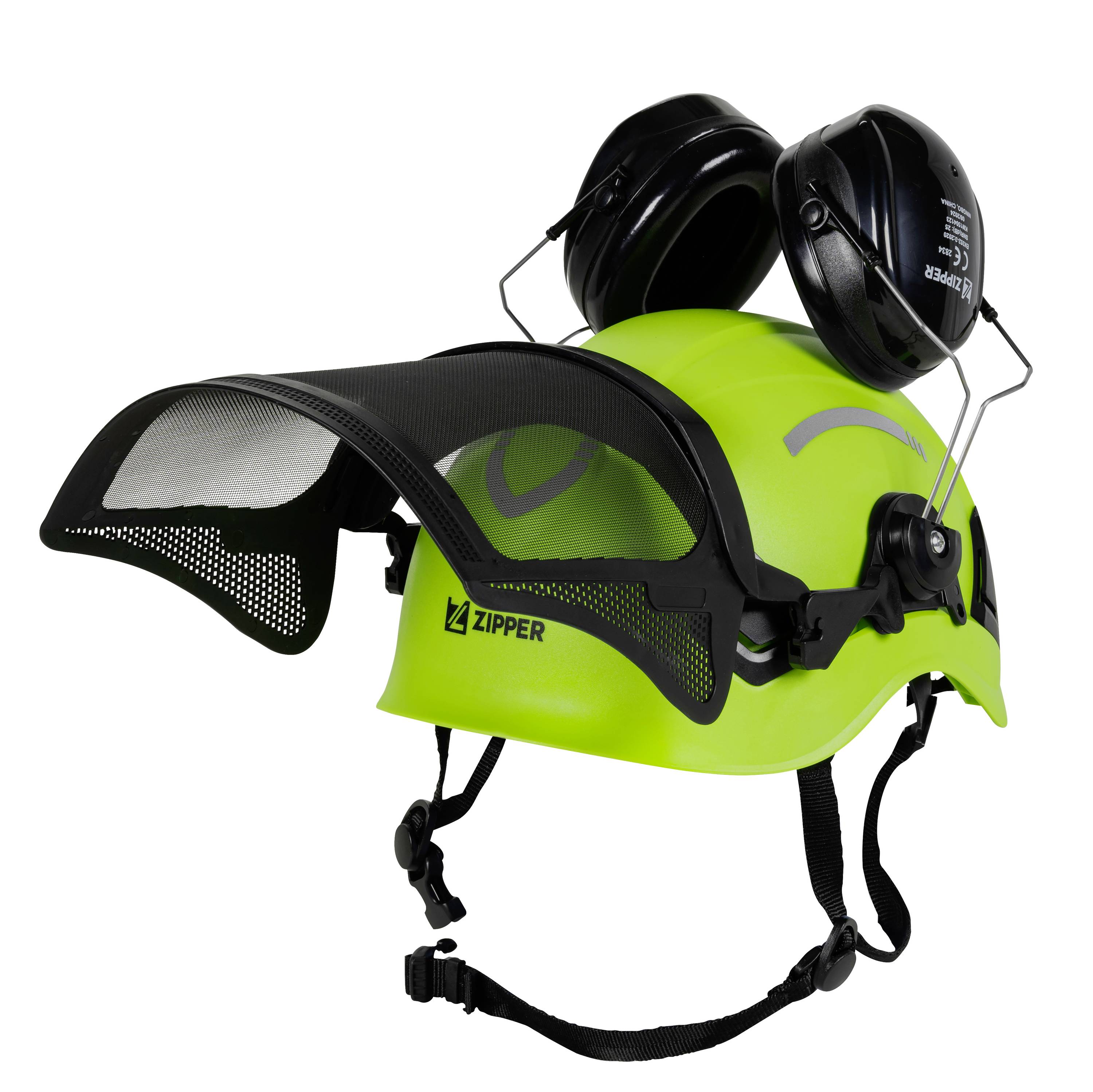 Zielony kask ochronny z zintegrowaną przyłbicą i ochronnikami słuchu, odpowiedni do prac w leśnictwie i podczas wycinki drzew.