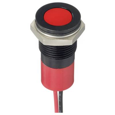 Czerwony przycisk wciskany z czarną obudową, typowo stosowany jako przełącznik włączania-wyłączania w urządzeniach elektronicznych.