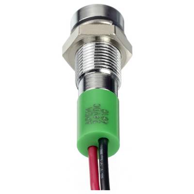 Czujnik metalowy w zieloonej obudowie z tworzywa sztucznego, kabel w kolorze czerwono-czarnym, odpowiedni do automatyzacji lub zastosowań przemysłowych.