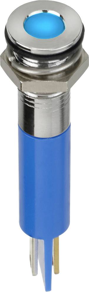 Niebieski, cylindryczny przycisk LED z podświetlonym kołem na górze i metalowymi złączami śrubowymi.