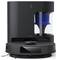Czarny robotyczny odkurzacz z nowoczesną stacją ładującą. Stacja posiada widoczny, niebieski pojemnik na filtr.