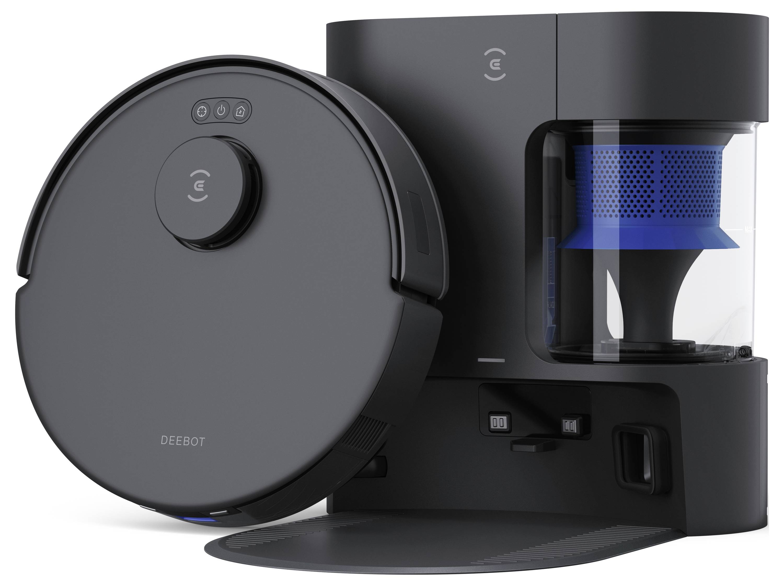 Okrągły, szary robot odkurzacz stojący obok stacji ładującej z widocznym niebieskim systemem filtracji.