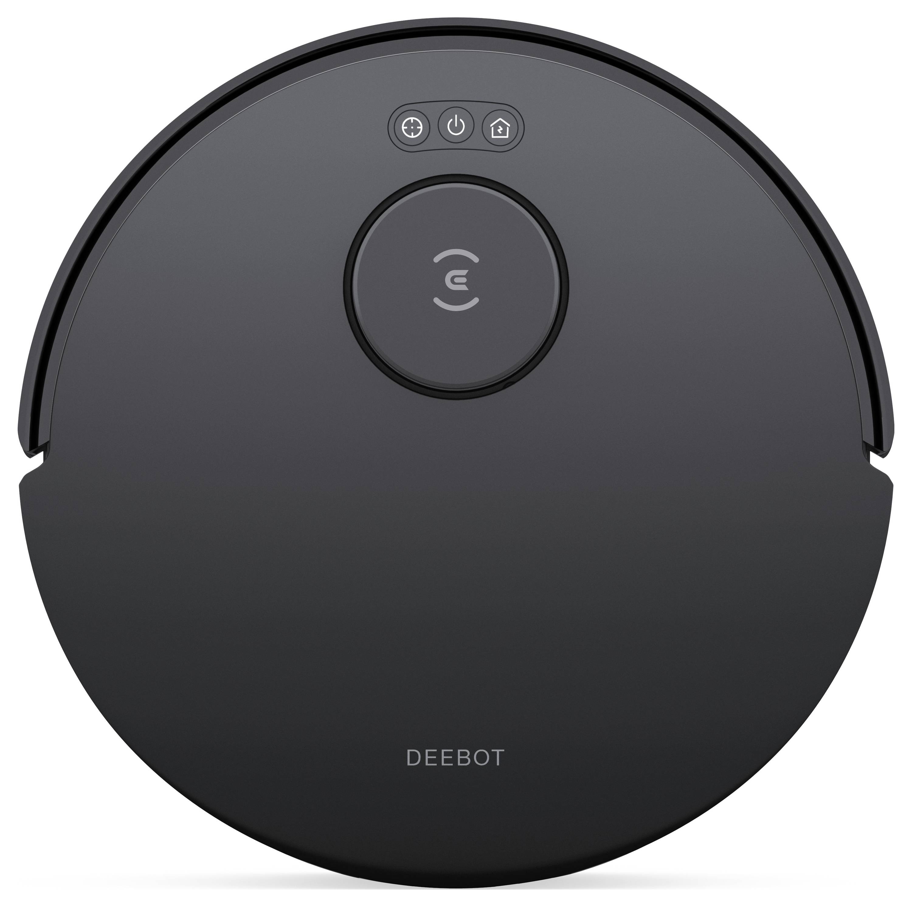 Czarny, okrągły robot sprzątający z trzema elementami sterującymi na górnej powierzchni. Widoczna nazwa marki 'DEEBOT'.