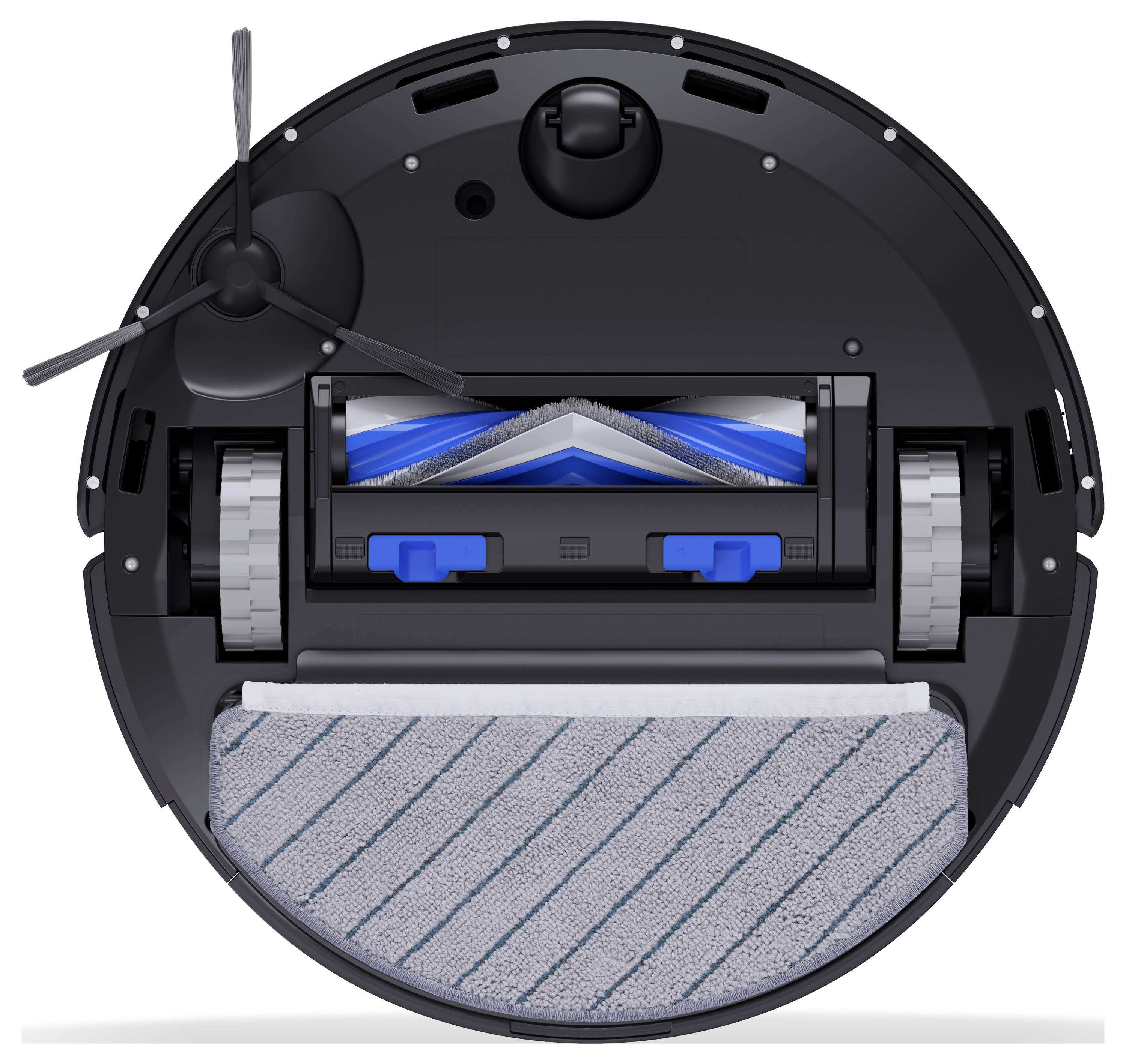 Widok od spodu okrągłego robota odkurzającego, z obrotowymi szczotkami, kołami i doczepioną nakładką do mycia podłogi.
