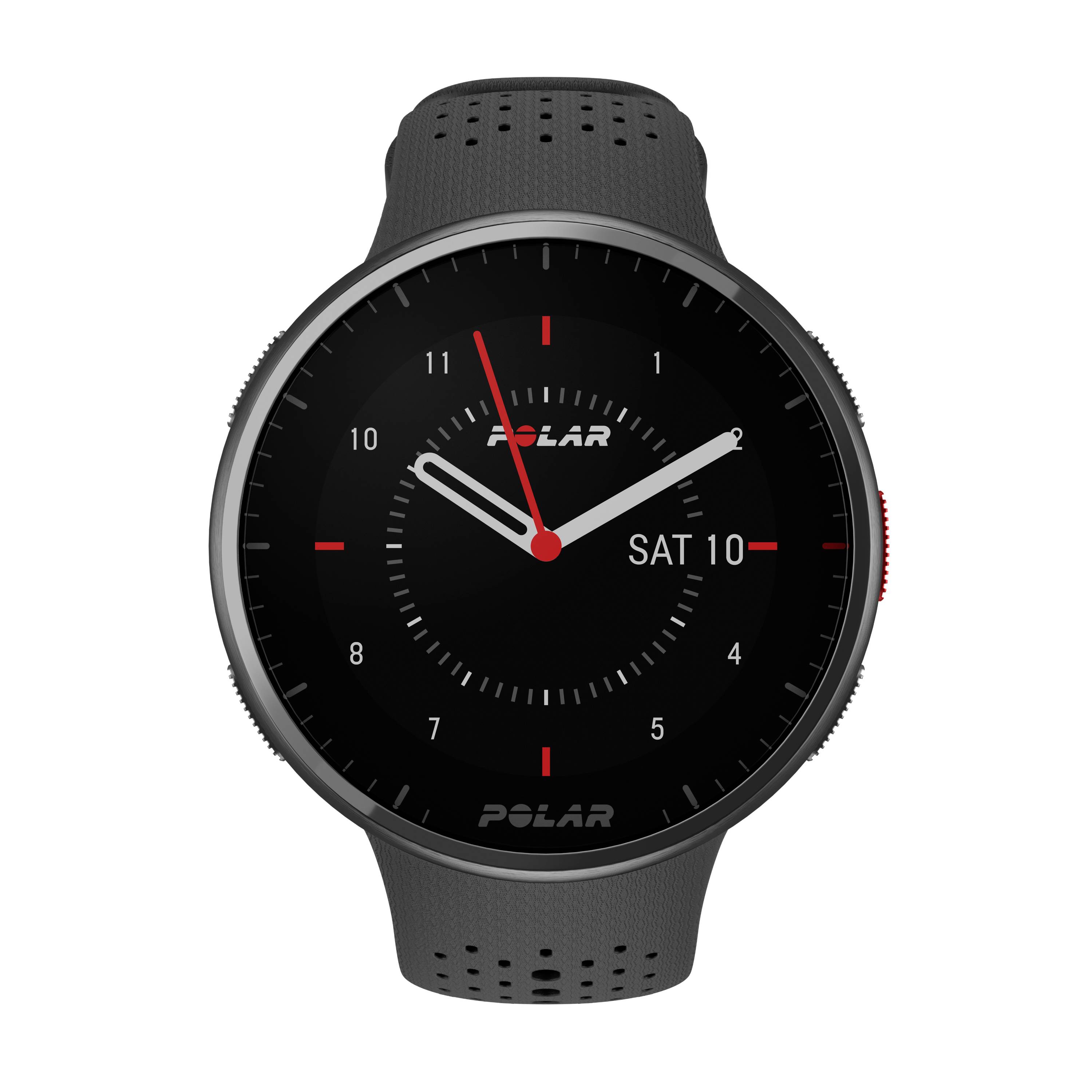 Czarny smartwatch z czerwoną sekundą i cyfrowym wyświetlaczem pokazuje datę '10'.