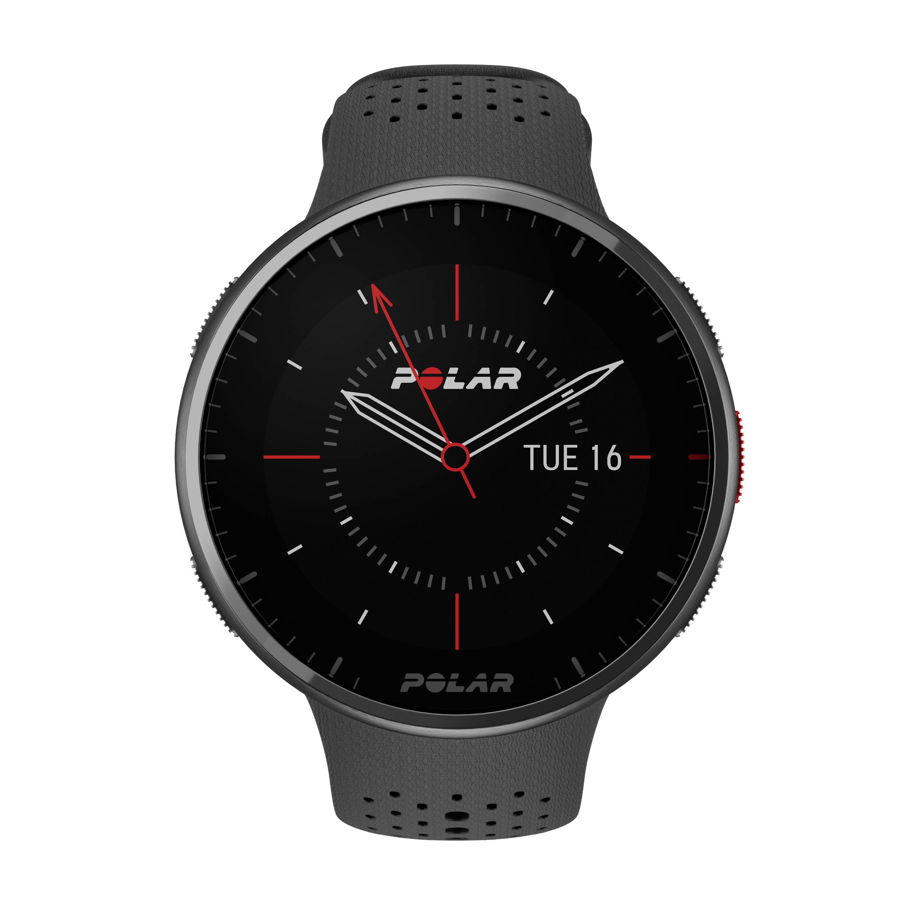 Smartwatch z okrągłą tarczą, szarym paskiem i cyfrowym wyświetlaczem daty i godziny, oznaczona czerwonymi akcentami.