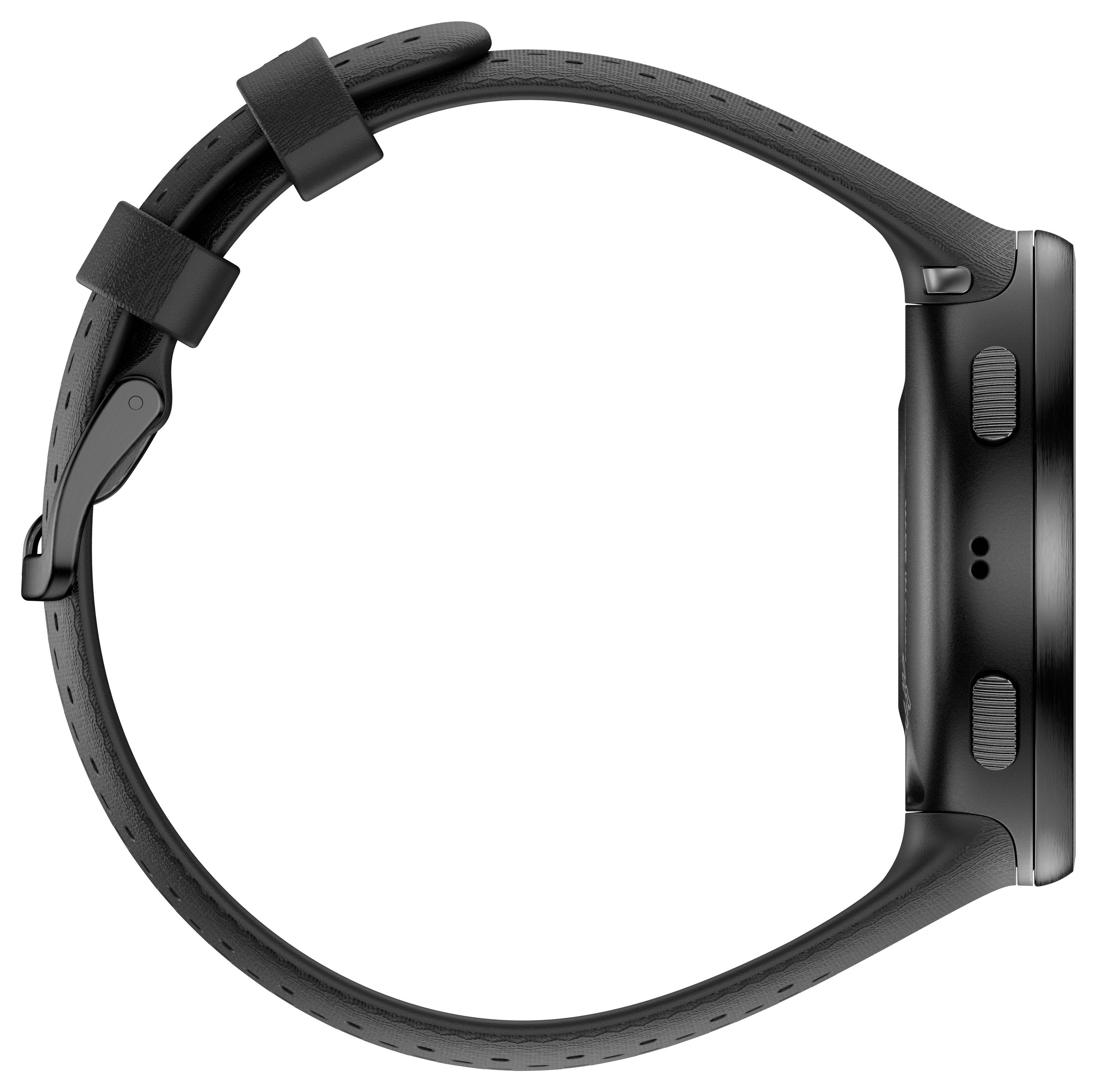 Czarny smartwatch widziany z boku, z okrągłą tarczą i elastyczną bransoletą, prezentujący szczegółowy design zegarka.