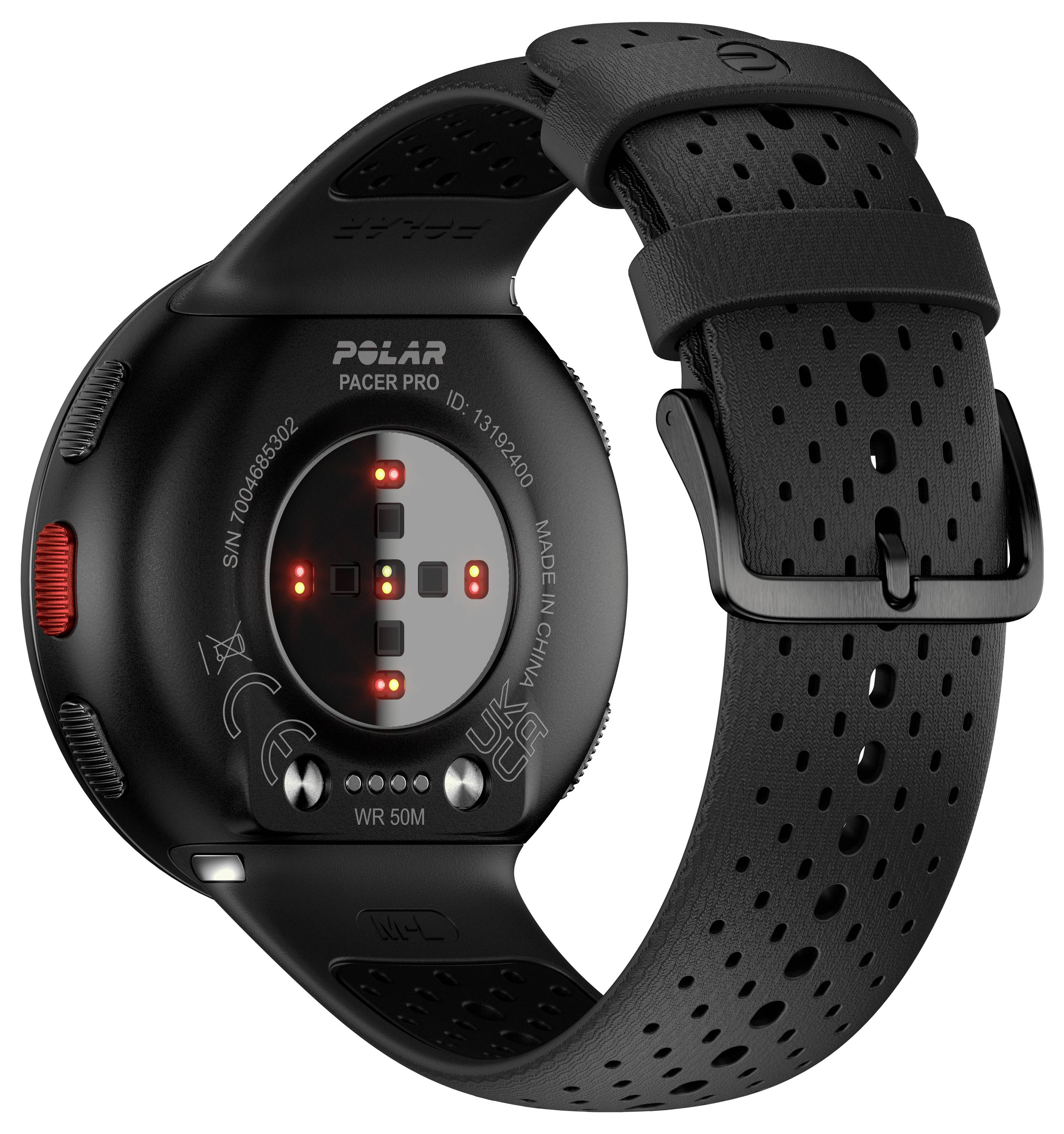 Smartwatch 'Polar Pacer Pro' w kolorze czarnym z perforowanym paskiem i widocznymi czujnikami na tylnej stronie.