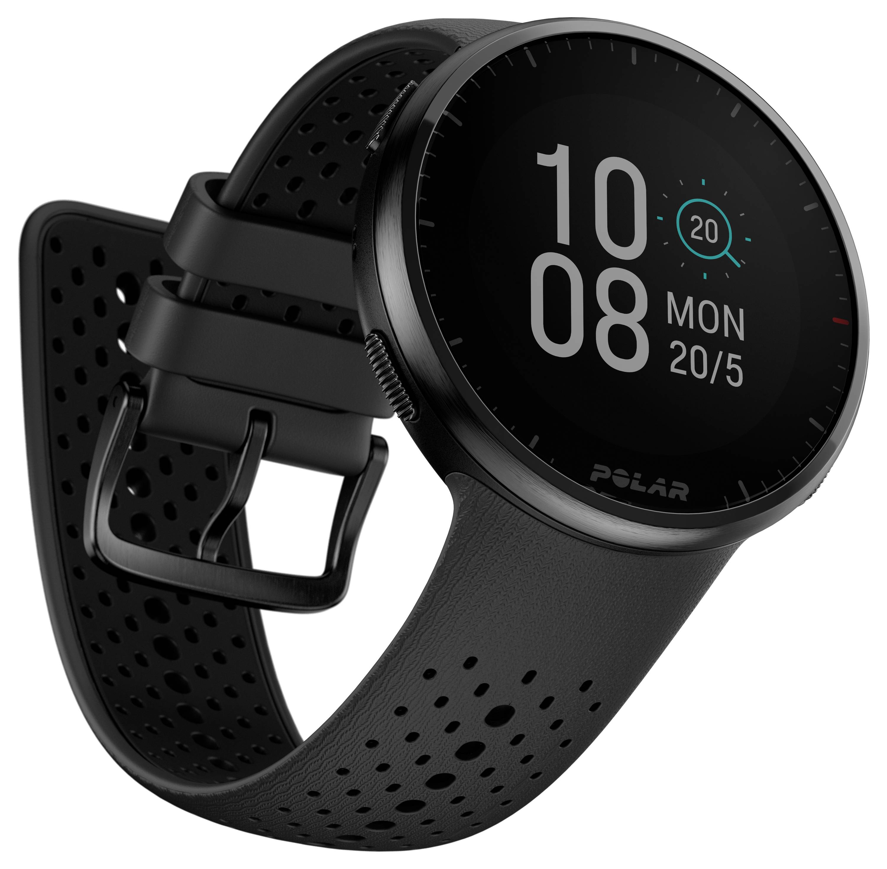 Czarny smartwatch z okrągłą tarczą i perforowanym paskiem, wyświetlający datę '20/5' i godzinę '10:08 PON'.