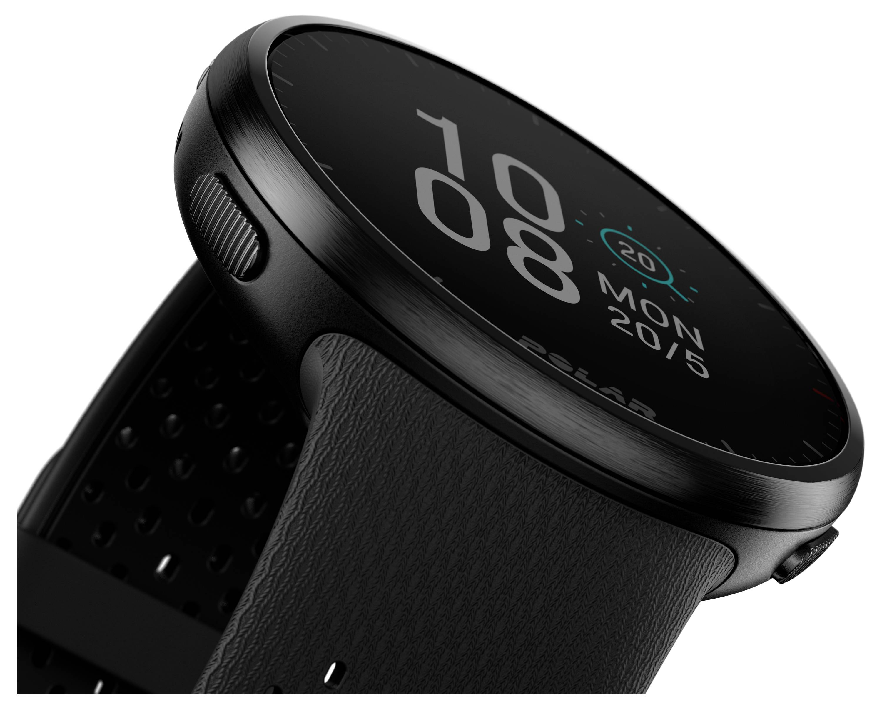 Czarny smartwatch z okrągłą tarczą, wyświetlający godzinę 10:08 oraz datę poniedziałek, 20/5, na cyfrowym wyświetlaczu.