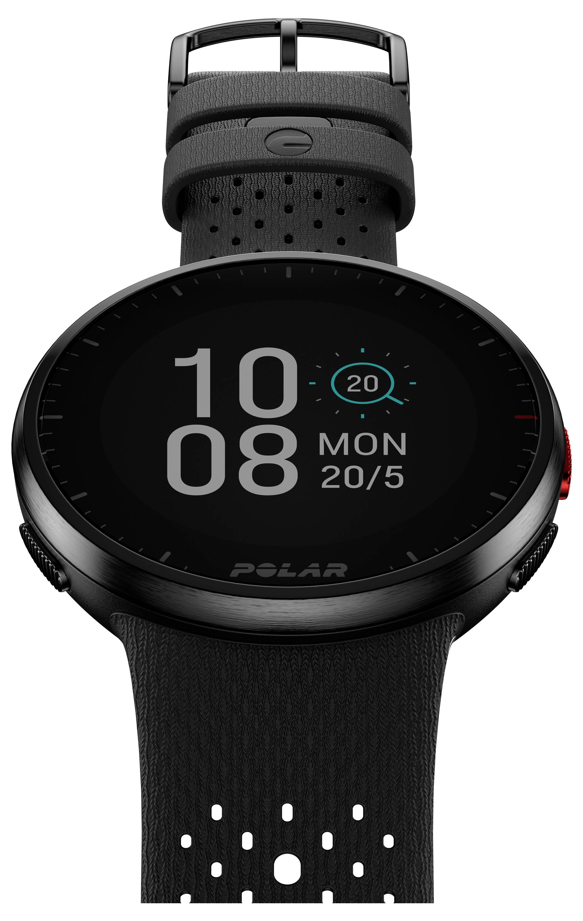 Czarny smartwatch z okrągłym wyświetlaczem pokazuje godzinę 10:08 oraz datę Poniedziałek, 20 maja.