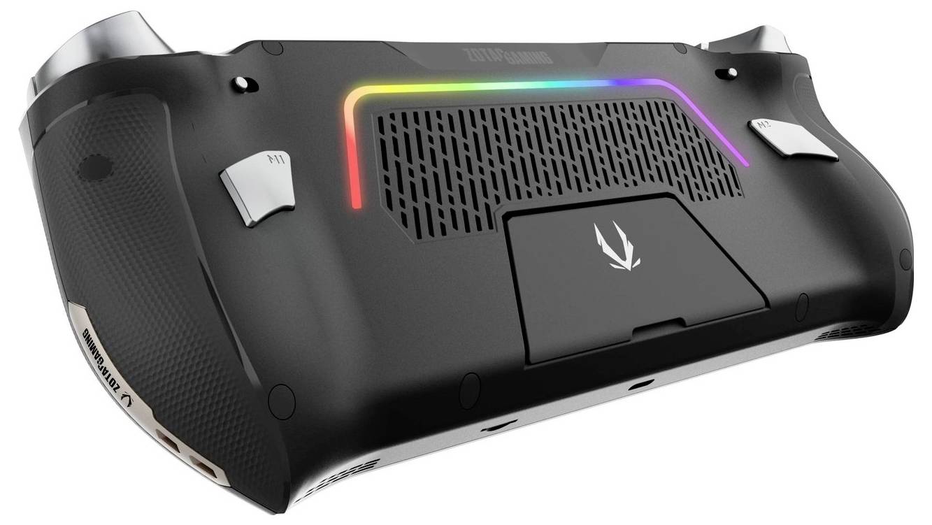 Przenośna konsola do gier o ergonomicznej budowie, z wentylowaną tylną częścią i podświetleniem RGB na obrzeżach, idealna do mobilnego grania.