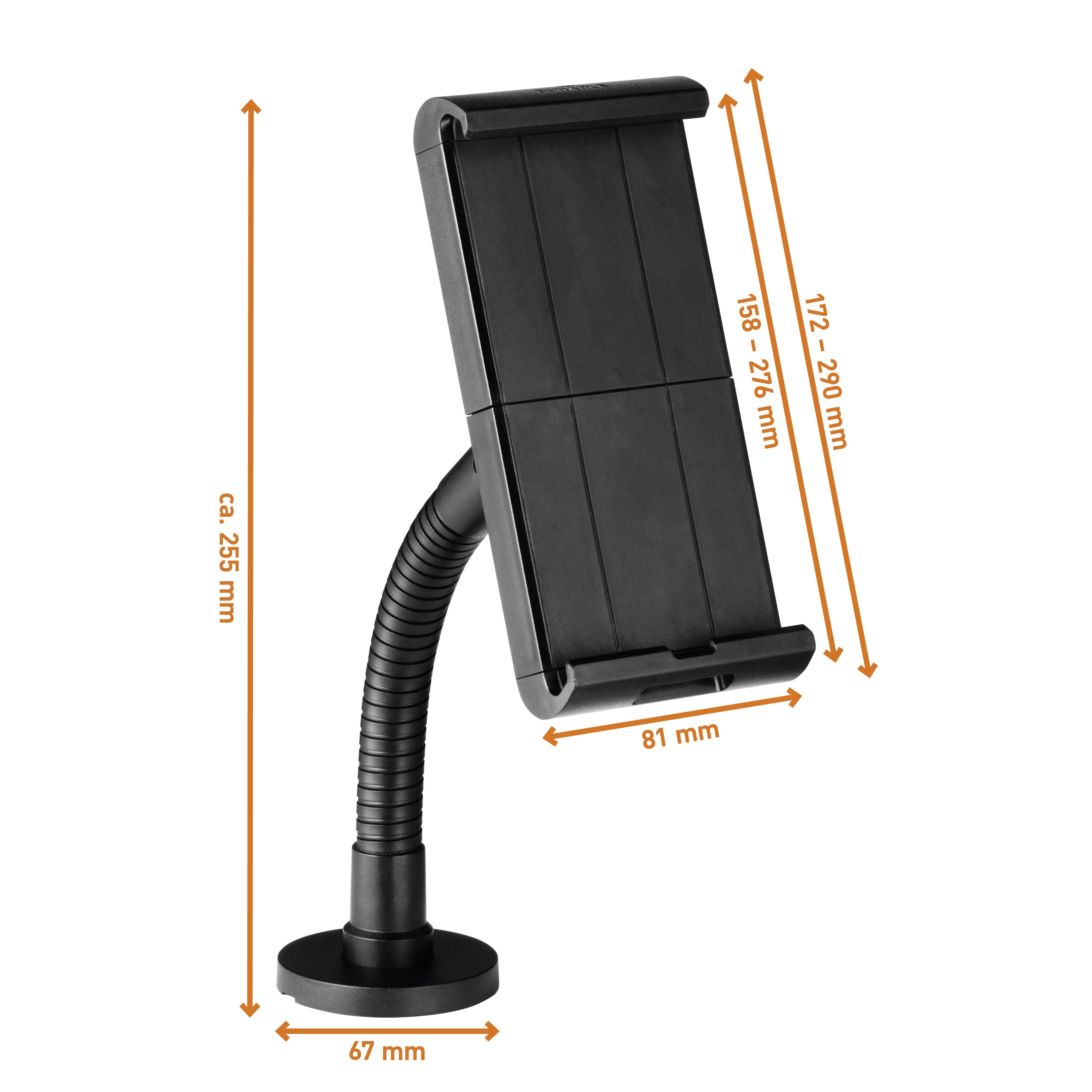 Czarna podstawka do tabletu o regulowanej wysokości od 172 do 290 mm, szerokości 81 mm i regulowanym ramieniu 155-270 mm. Wysokość podstawy około 235 mm.