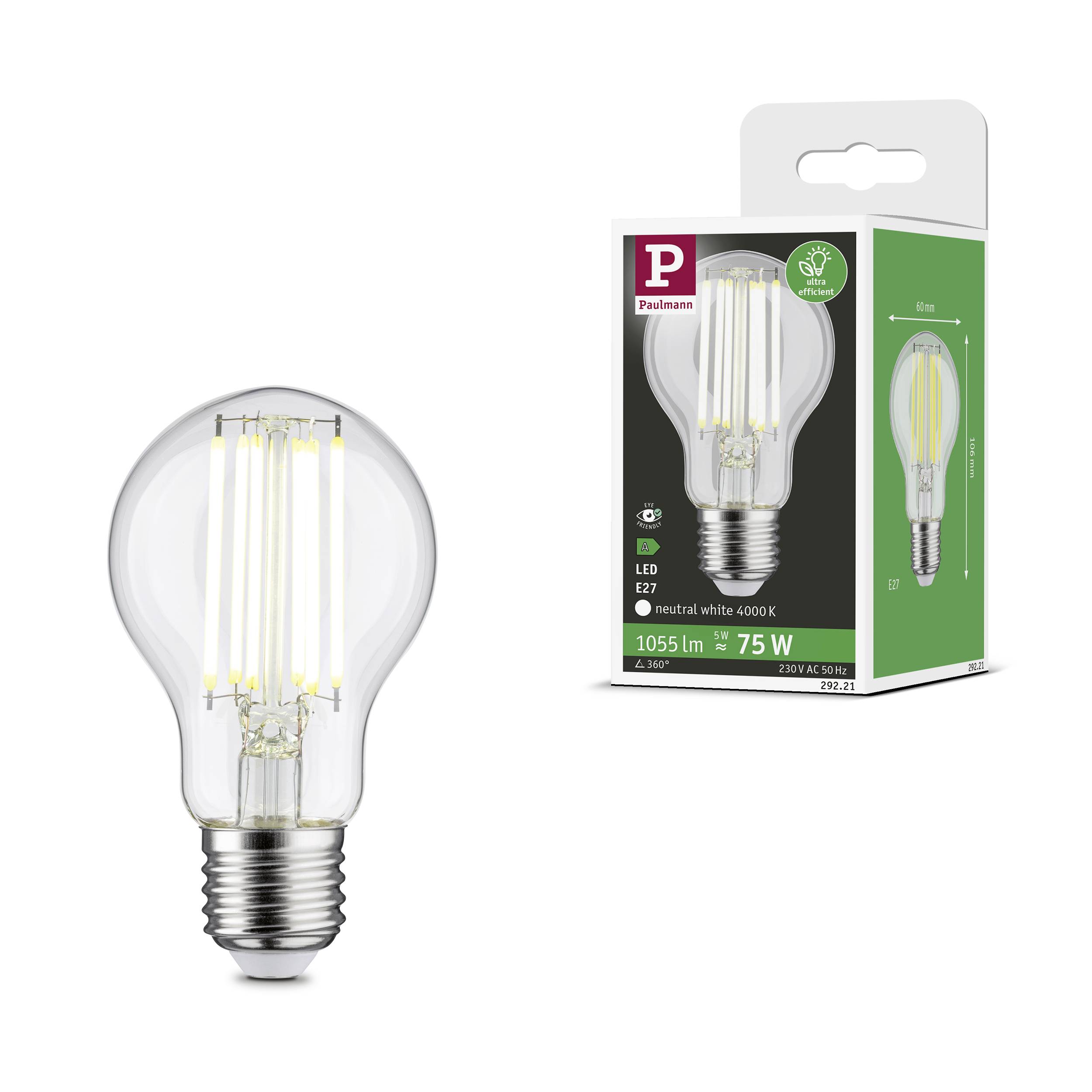 Żarówka LED E27, 1055 lm, 4000 K, zamiennik 75 W żarówki tradycyjnej. Opakowanie prezentuje żarówkę oraz oznaczenie efektywności energetycznej.