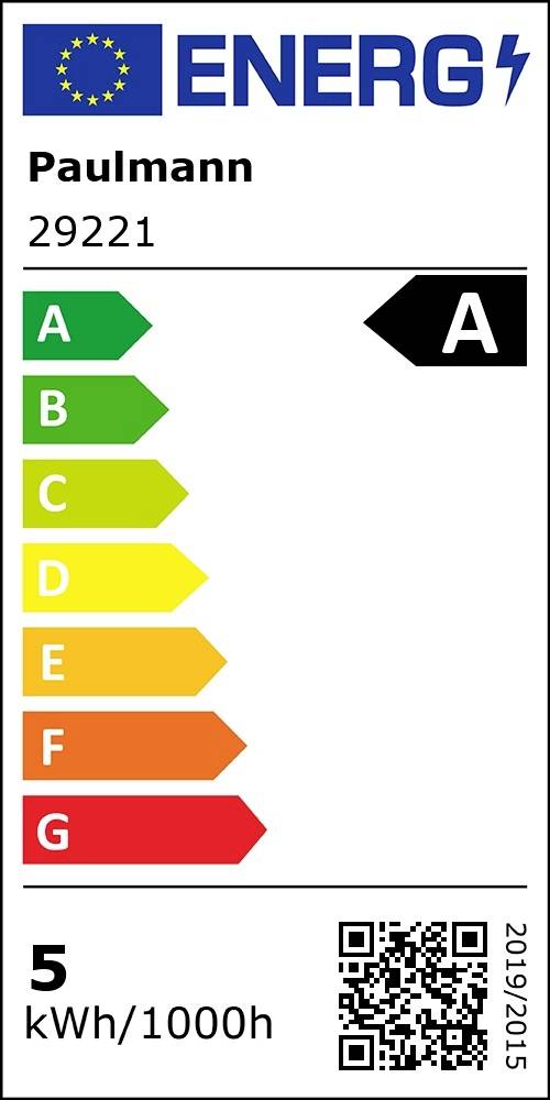 Etykieta energetyczna z logo UE. Oznaczona klasą efektywności A. Zużycie 5 kWh/1000h. Producent: Paulmann, Model: 29221. Kod QR poniżej.