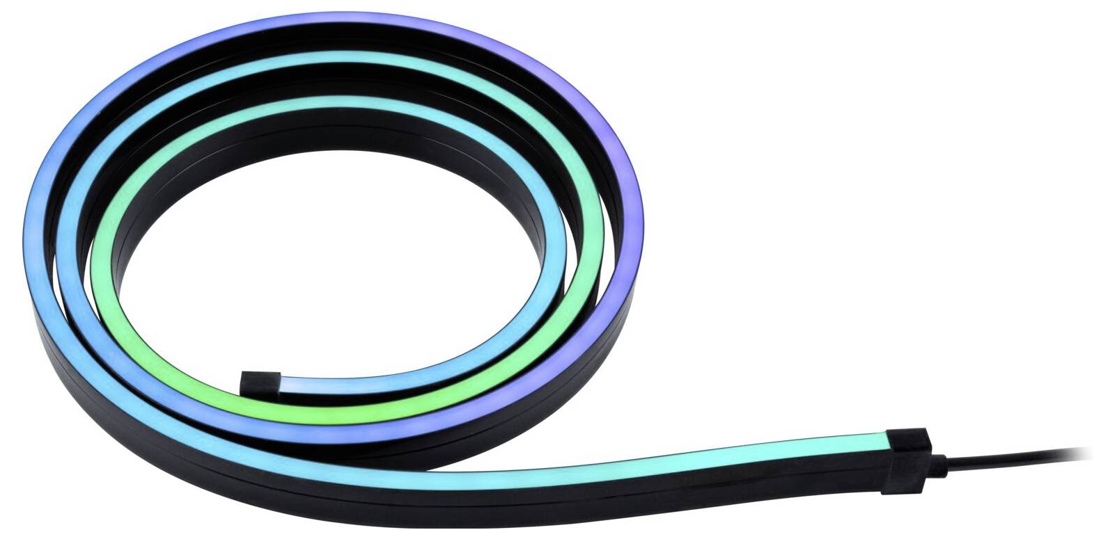Wielokolorowy pas LED ułożony w spiralę, z podświetleniem w odcieniach niebiesko-zielonych. Idealny do dekoracyjnego oświetlenia wnętrz.
