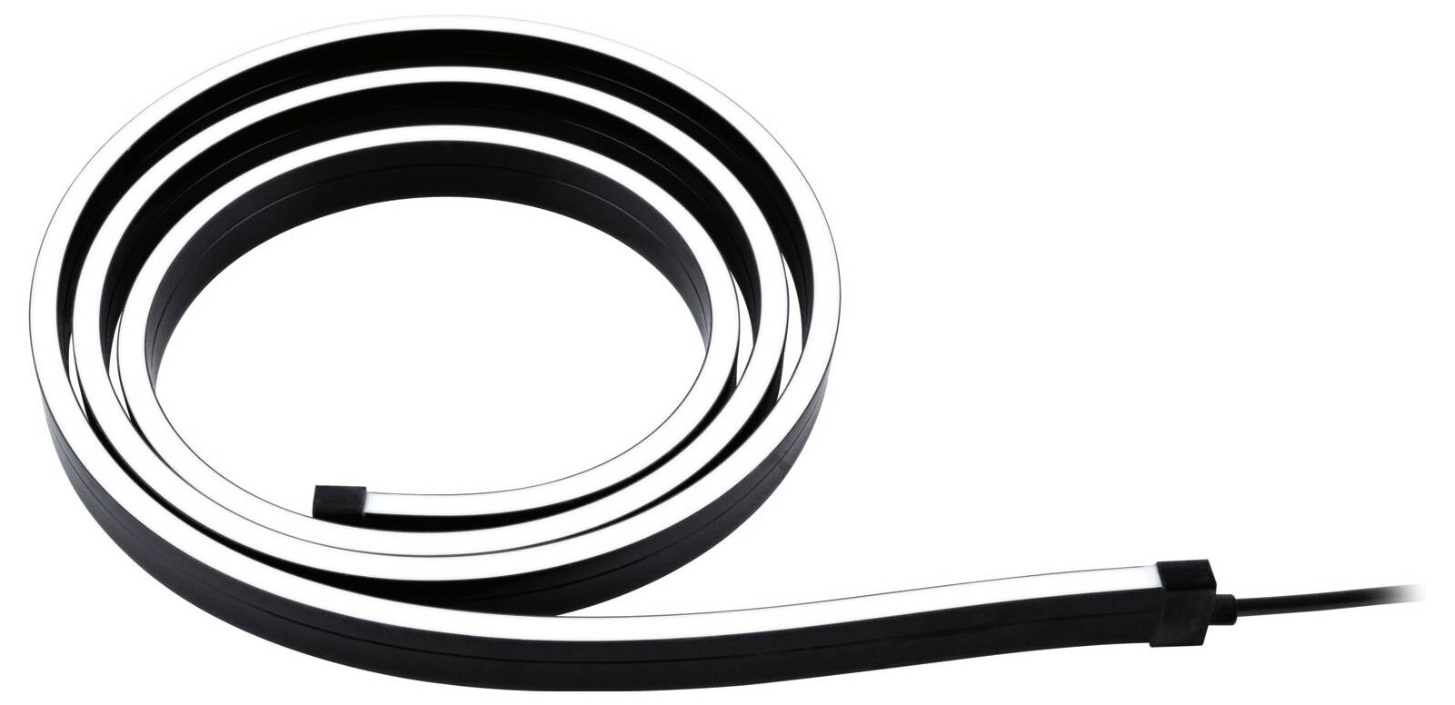 Zwinięty pas LED z czarną ramką i białą, świecącą powierzchnią, prezentujący nowoczesną technologię oświetleniową.