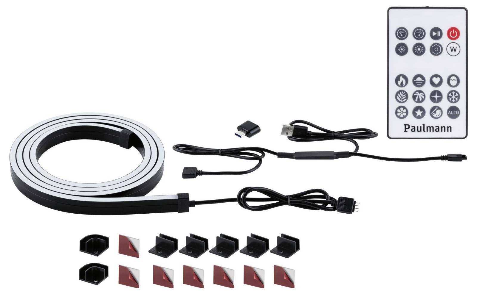 Zestaw taśmy LED z pilotem, przewodem zasilającym i akcesoriami montażowymi, idealny do dekoracyjnego oświetlenia wnętrz.