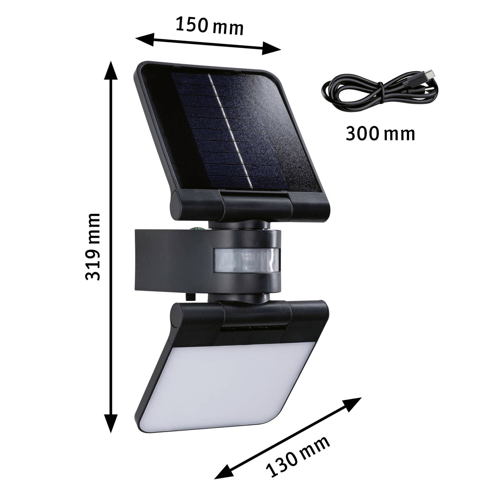 Lampa solarna z dwoma panelami i korpusem świetlnym. Wymiary: 150 mm szerokości, 319 mm wysokości, 130 mm głębokości. Zawiera przewód o długości 300 mm.