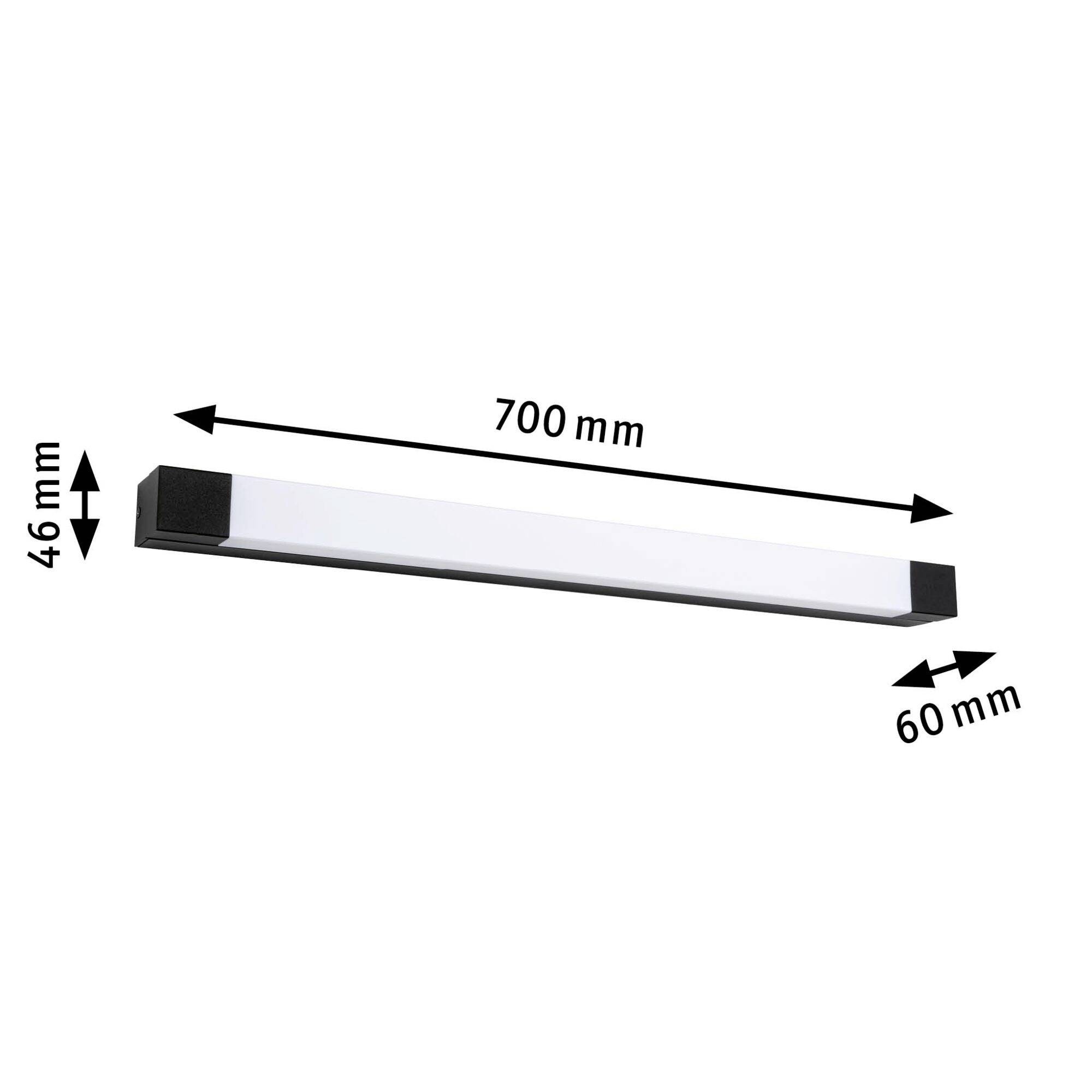 Prostokątna lampa LED o wymiarach 700 mm długości, 46 mm wysokości i 60 mm szerokości. Czarne końcówki podkreślają białą powierzchnię świetlną.