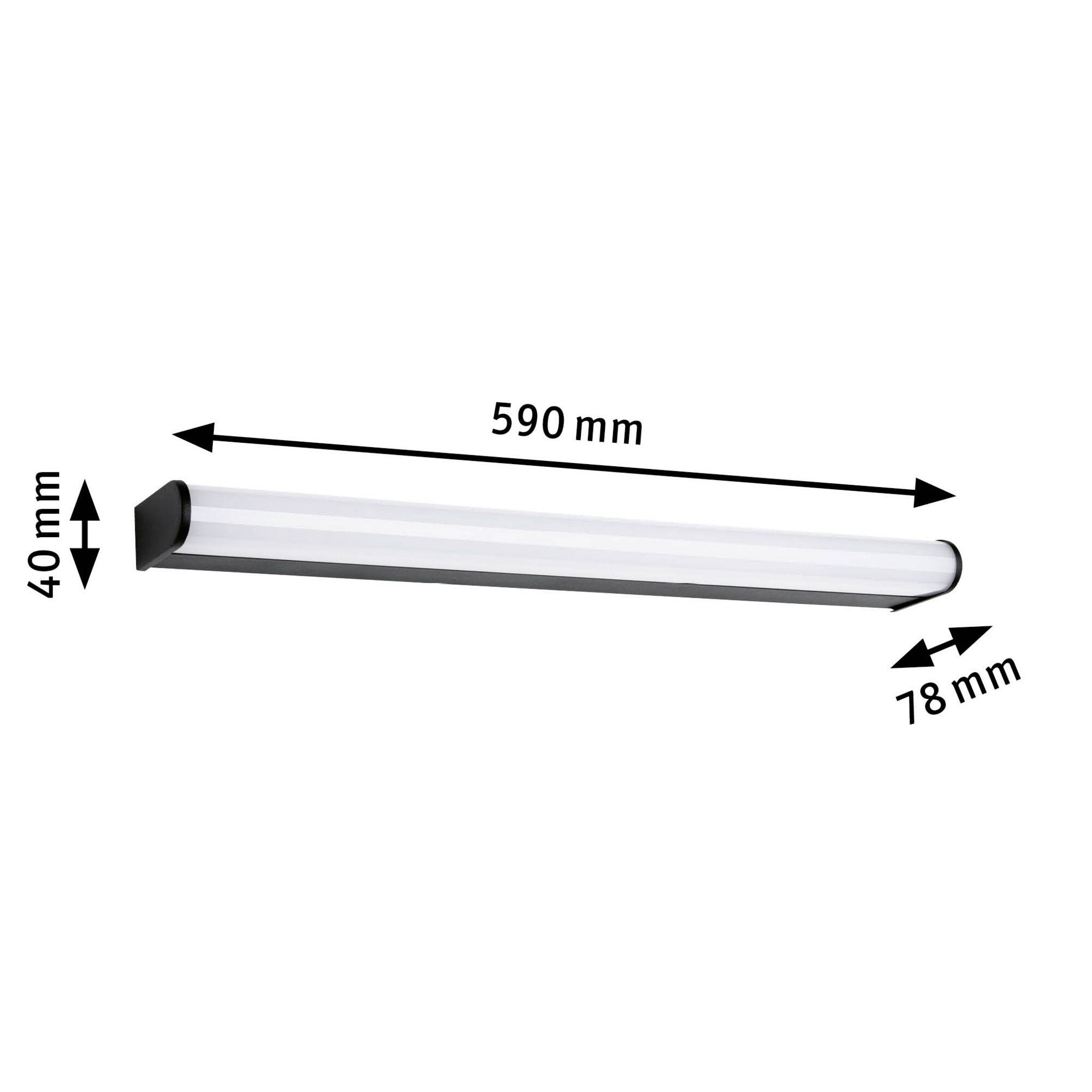'Oprawa pojedyncza: długość 590 mm, szerokość 78 mm, wysokość 40 mm. Minimalistyczny, podłużny design, odpowiedni do różnych pomieszczeń.'