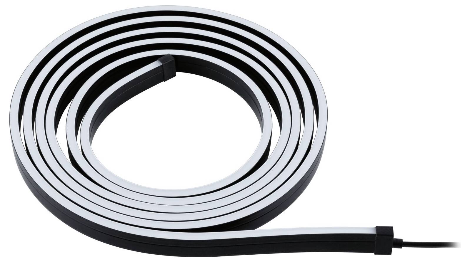 'Zwinięty pas świetlny LED z czarną powierzchnią zewnętrzną i białą wewnętrzną na białym tle.'