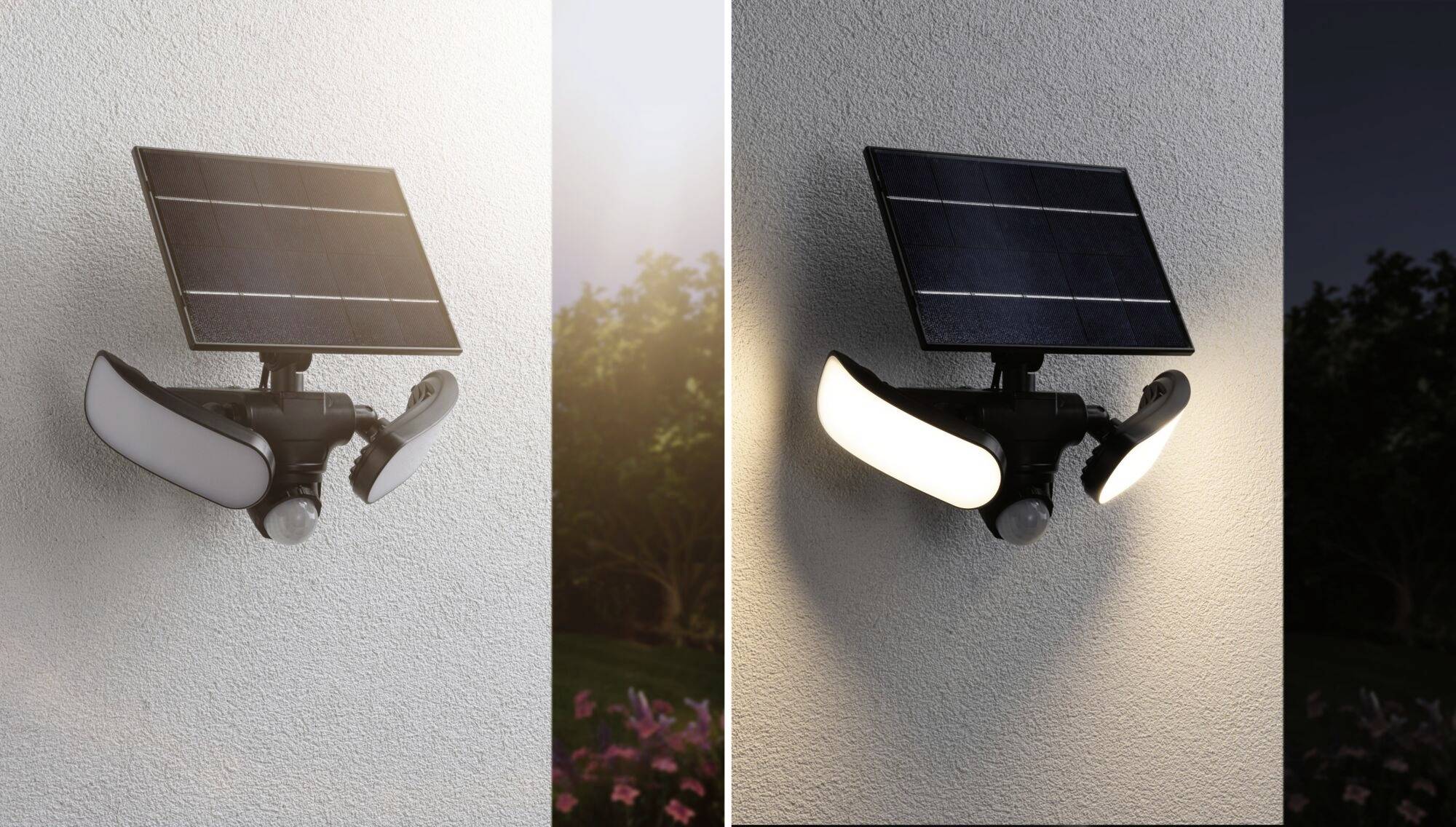 Dwie fotografie solarnej lampy zewnętrznej. Po lewej stronie w stanie wyłączonym, po prawej w stanie włączonym podczas zmierzchu.