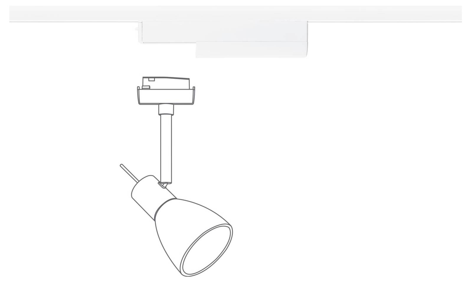 Rysunek sufitowego reflektora na szynie, zapewniającego kierunkowe oświetlenie w pomieszczeniu.