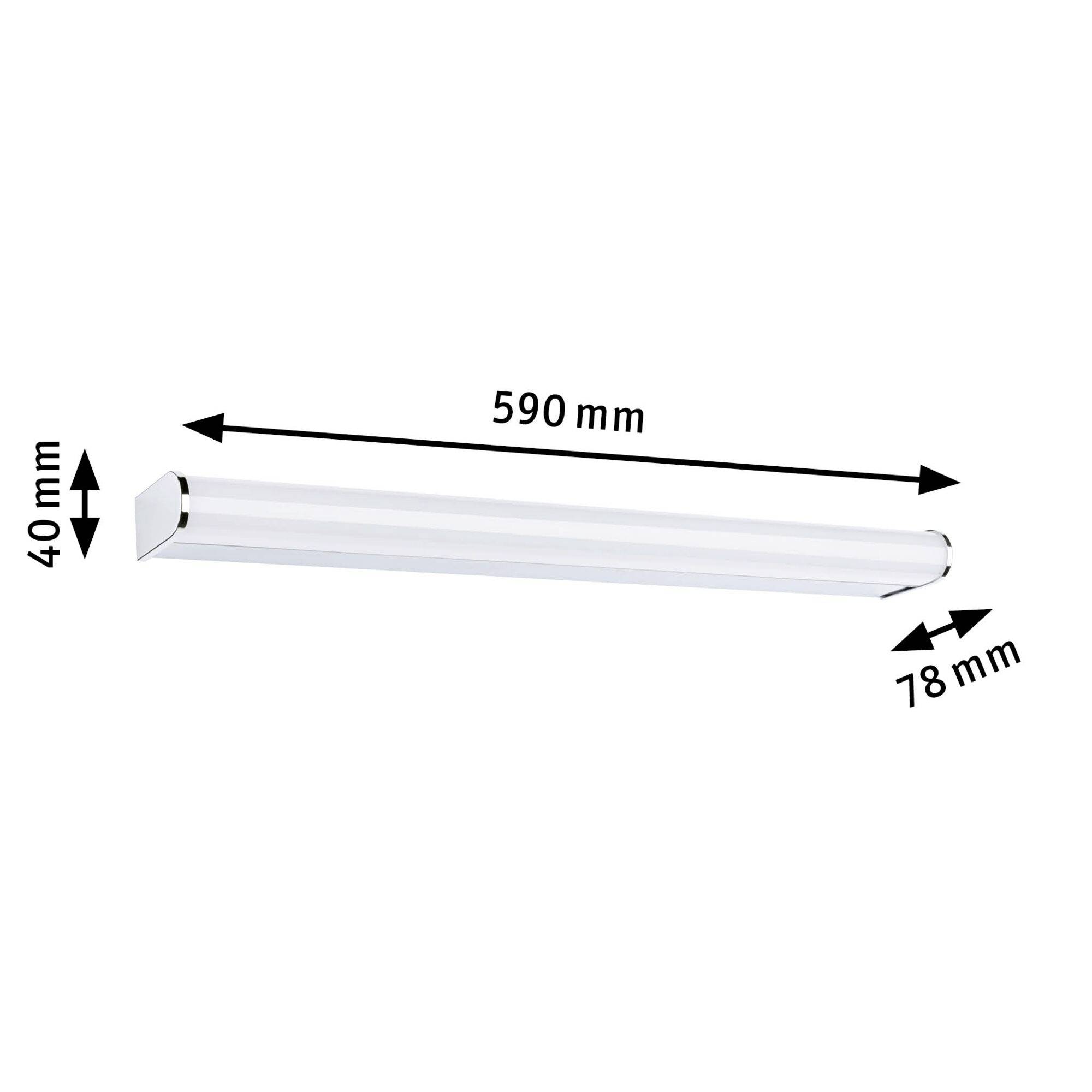 Biała lampa LED o wymiarach 590 mm długości, 40 mm wysokości i 78 mm szerokości, oznaczona czarnymi strzałkami.