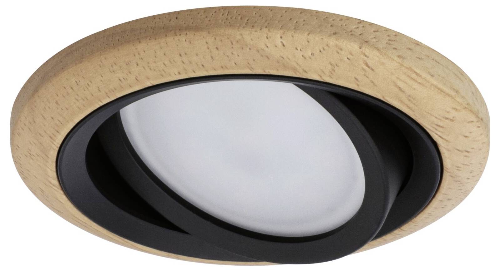 Okrągła, nowoczesna lampa sufitowa LED z drewna z czarnym detalem.