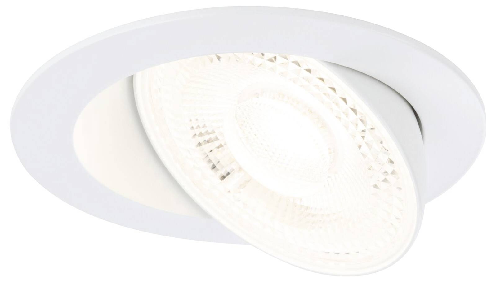 Biała lampa sufitowa LED w okrągłej, wpuszczanej oprawie, świecąca w dół. Idealna do nowoczesnego oświetlenia wnętrz.