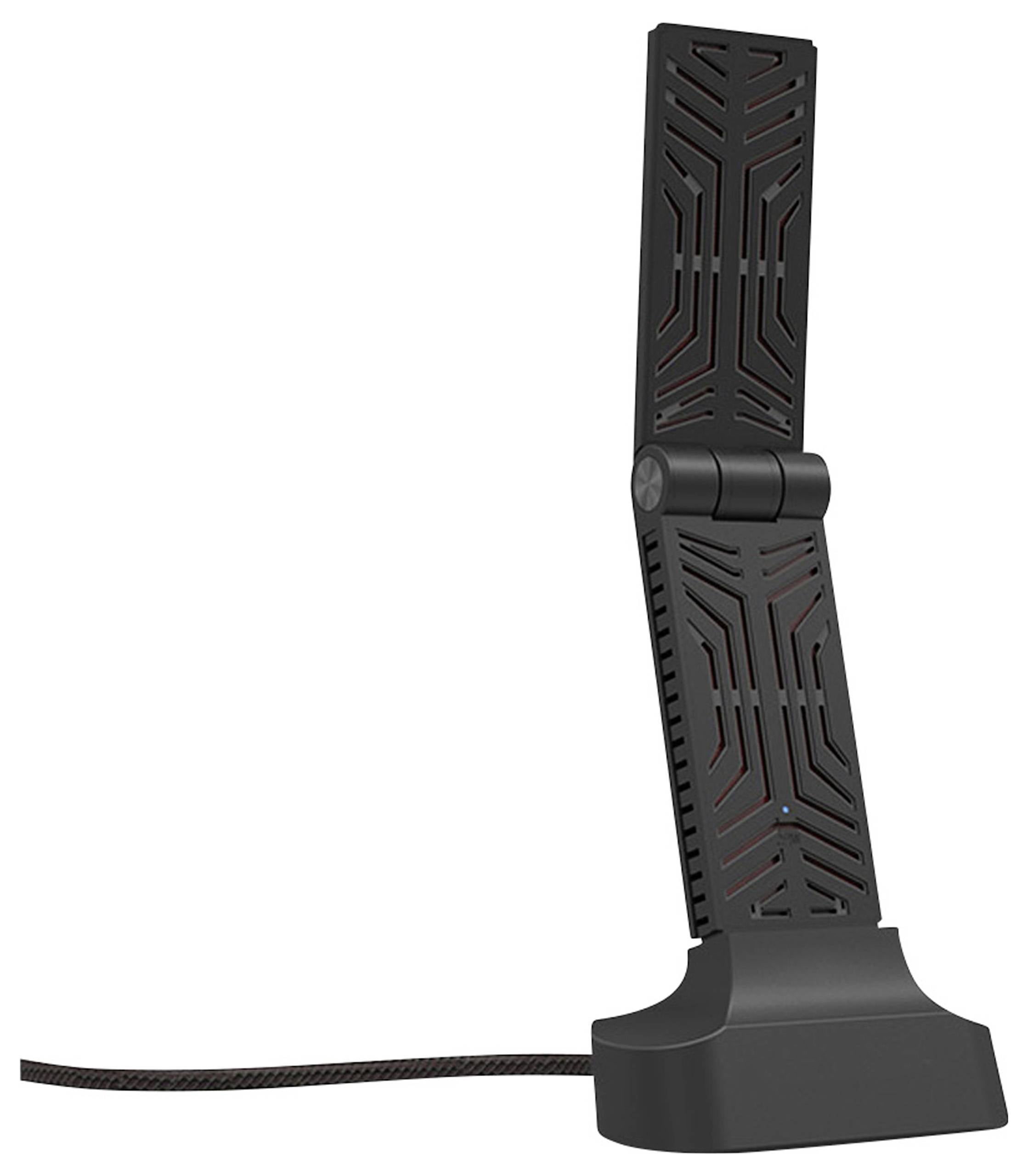 Czarna antena zewnętrzna z regulowanym przegubem na prostokątnej podstawie, połączona plecionym przewodem.