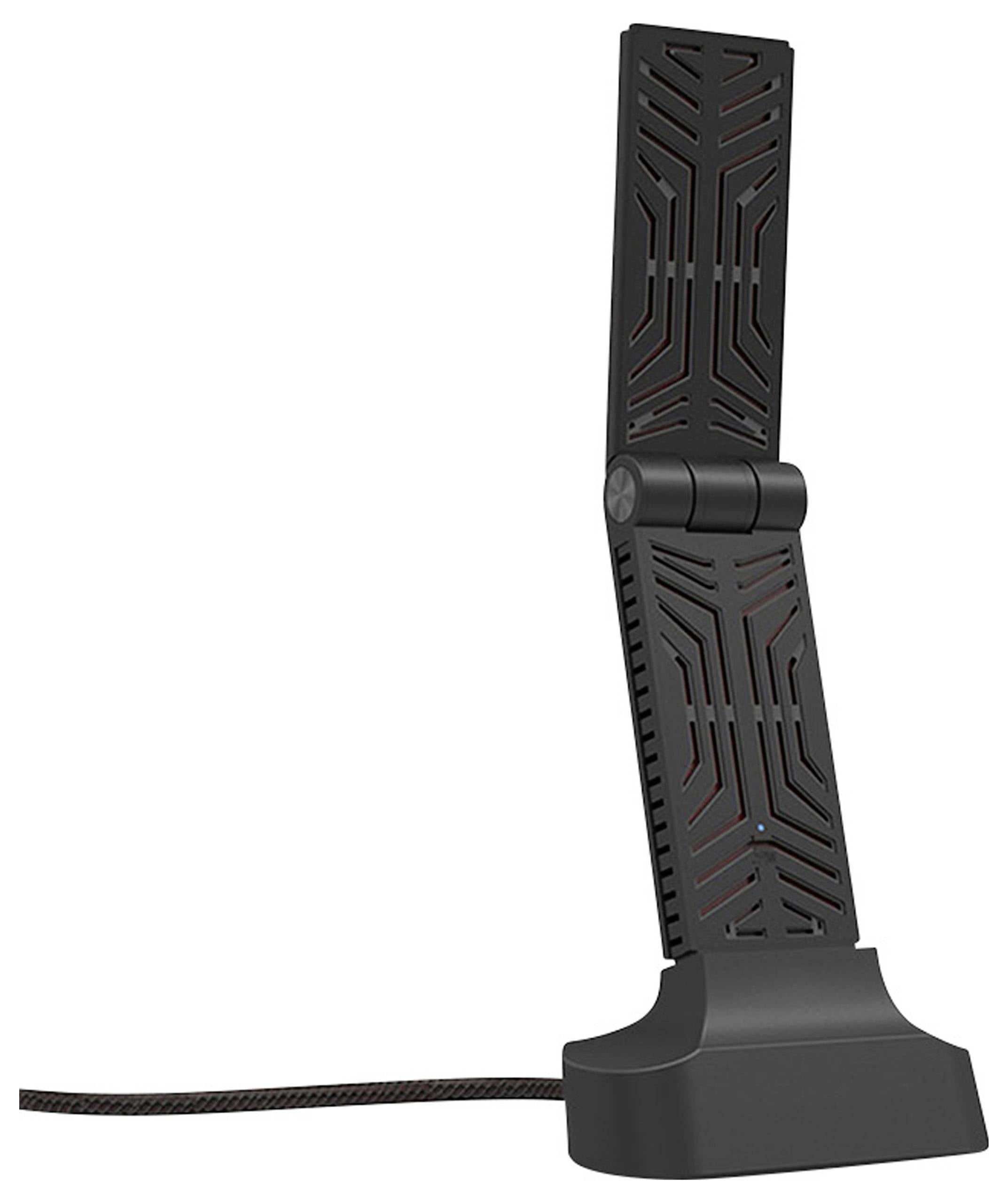 Czarny, pionowy wzmacniacz sygnału WiFi z rozłożoną anteną na stabilnej podstawie.